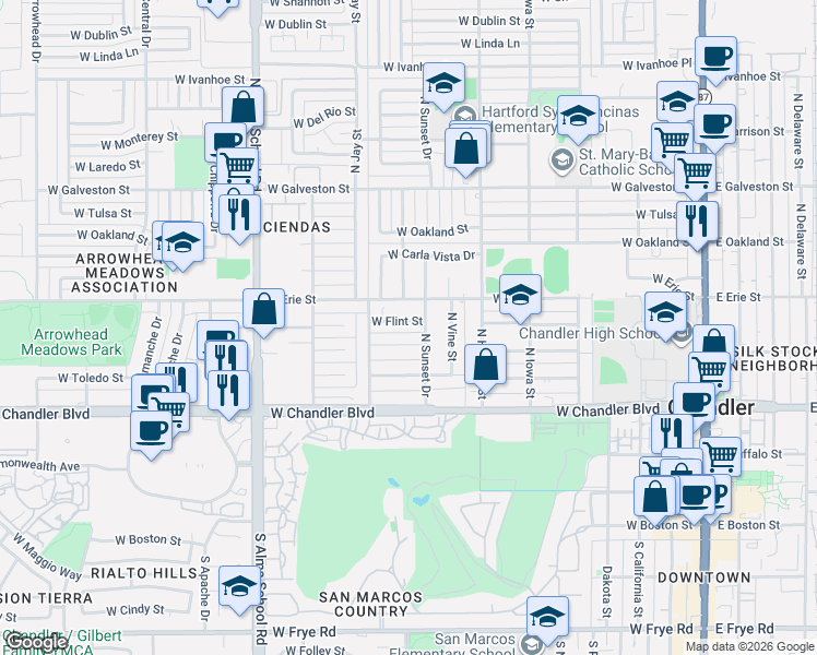 map of restaurants, bars, coffee shops, grocery stores, and more near in Chandler