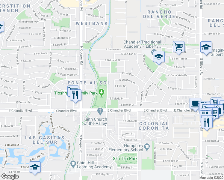 map of restaurants, bars, coffee shops, grocery stores, and more near 332 North Ashley Drive in Chandler