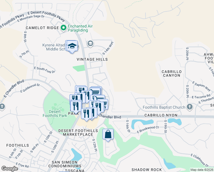 map of restaurants, bars, coffee shops, grocery stores, and more near 15051 South 14th Place in Phoenix