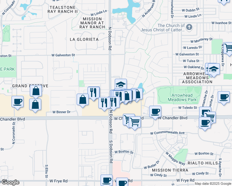 map of restaurants, bars, coffee shops, grocery stores, and more near 401 North Dobson Road in Chandler