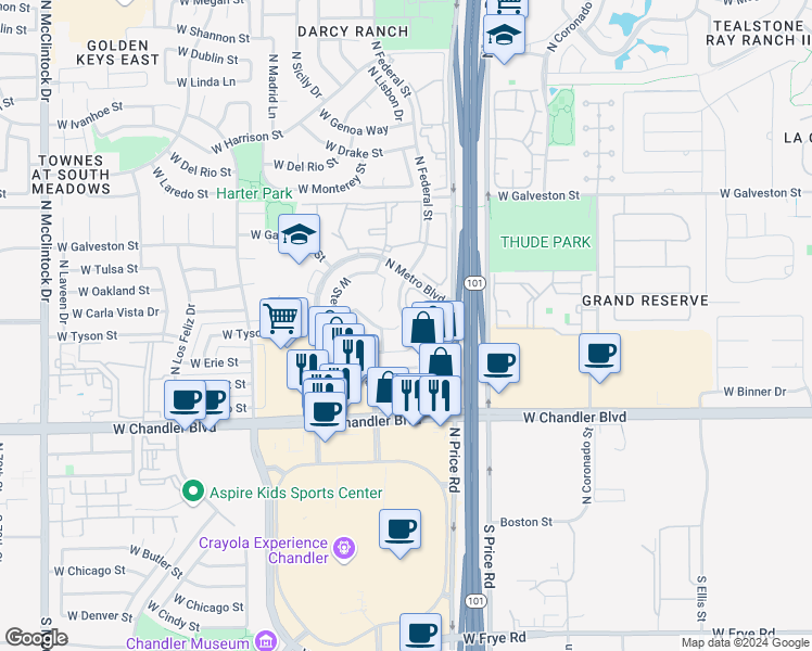 map of restaurants, bars, coffee shops, grocery stores, and more near 375 North Federal Street in Chandler
