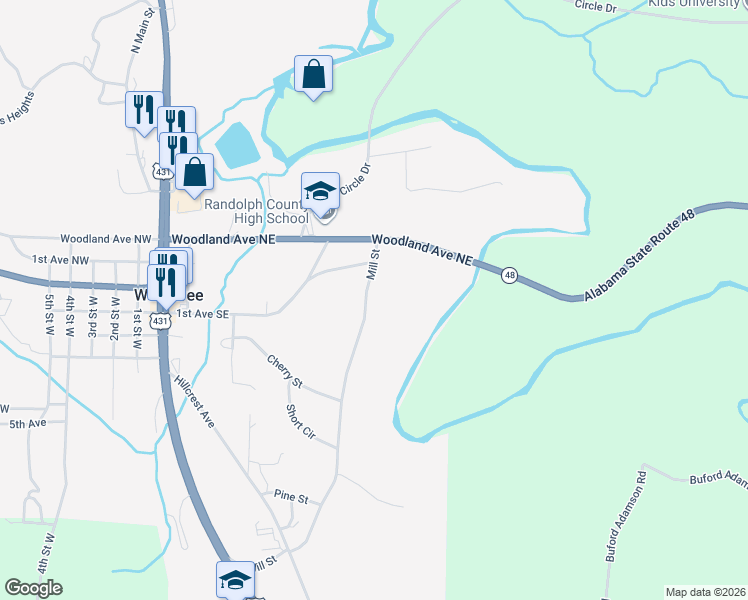 map of restaurants, bars, coffee shops, grocery stores, and more near 151 Mill Street in Wedowee