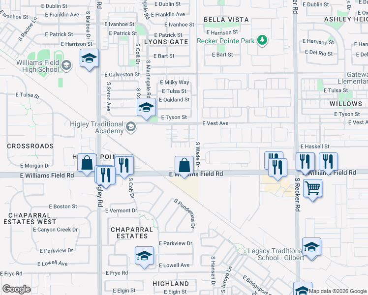 map of restaurants, bars, coffee shops, grocery stores, and more near 3541 East Erie Street in Gilbert