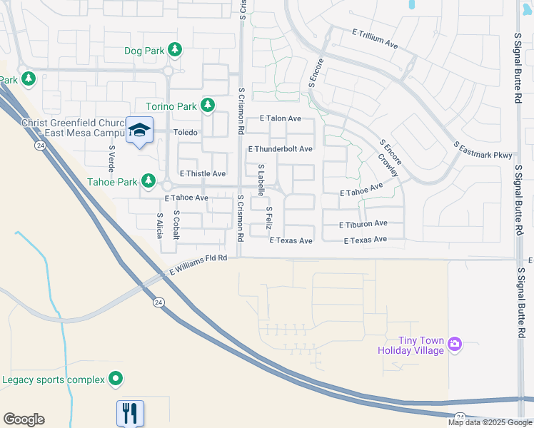 map of restaurants, bars, coffee shops, grocery stores, and more near 10055 East Tillman Avenue in Mesa