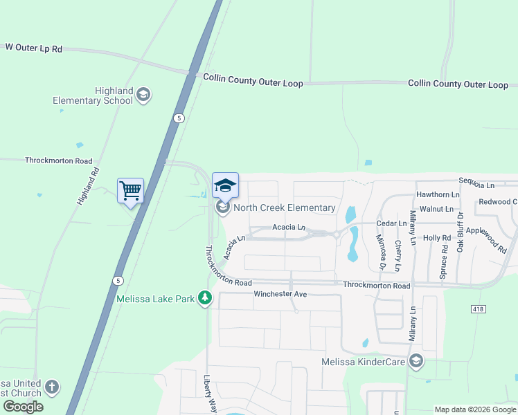 map of restaurants, bars, coffee shops, grocery stores, and more near 2805 Chestnut Lane in Melissa