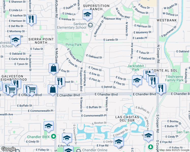 map of restaurants, bars, coffee shops, grocery stores, and more near 1381 East Erie Street in Chandler
