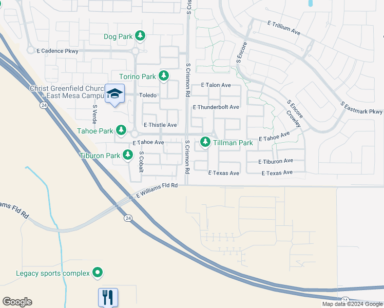 map of restaurants, bars, coffee shops, grocery stores, and more near 10013 East Tillman Avenue in Mesa
