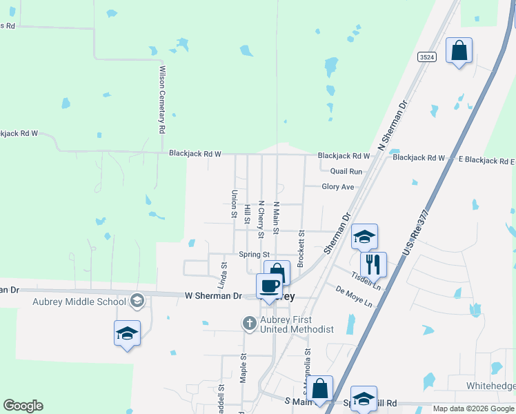 map of restaurants, bars, coffee shops, grocery stores, and more near 512 North Cherry Street in Aubrey