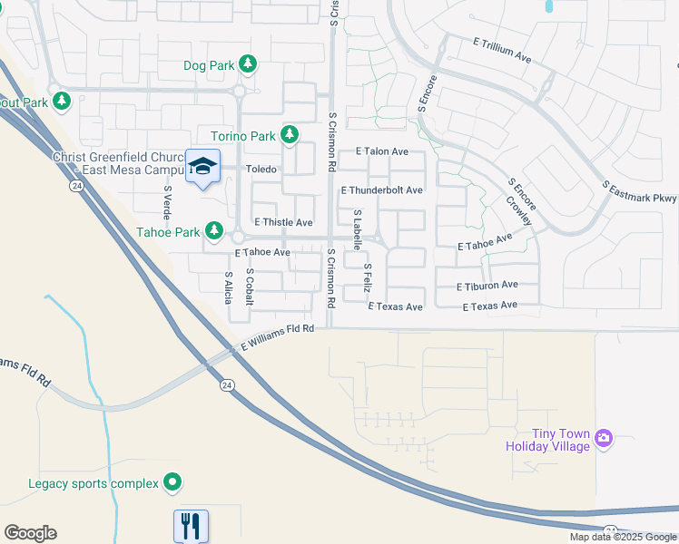 map of restaurants, bars, coffee shops, grocery stores, and more near 10031 East Tillman Avenue in Mesa