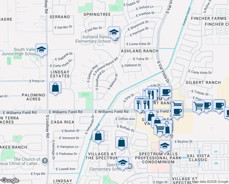 map of restaurants, bars, coffee shops, grocery stores, and more near 1225 East Tyson Court in Gilbert