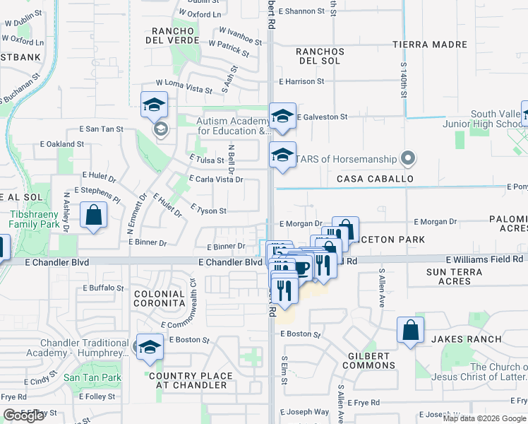 map of restaurants, bars, coffee shops, grocery stores, and more near 2932 East Tyson Street in Chandler