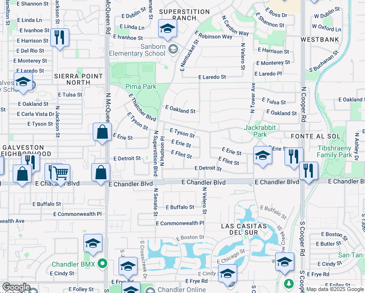 map of restaurants, bars, coffee shops, grocery stores, and more near 1381 East Erie Street in Chandler
