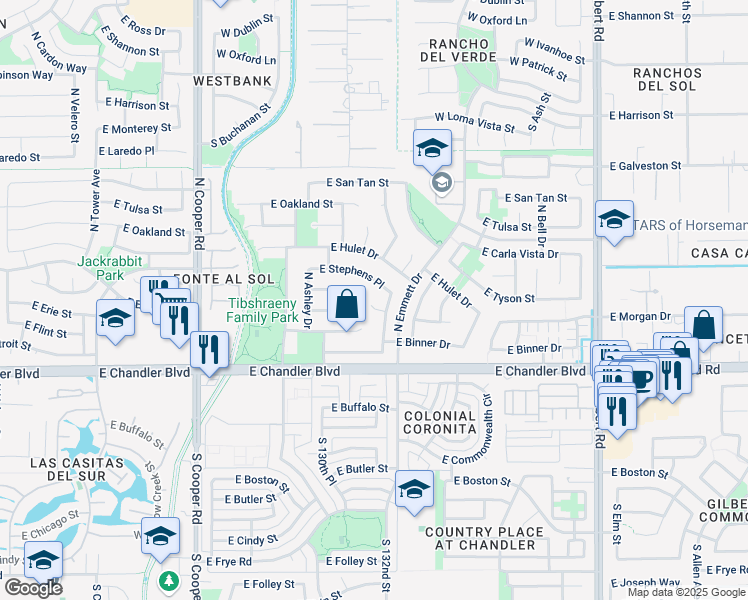 map of restaurants, bars, coffee shops, grocery stores, and more near 2442 East Detroit Court in Chandler