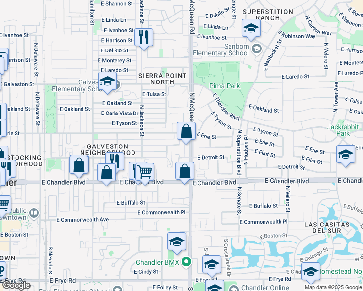 map of restaurants, bars, coffee shops, grocery stores, and more near 345 North Williams Street in Chandler