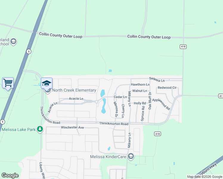 map of restaurants, bars, coffee shops, grocery stores, and more near 4411 Mimosa Drive in Melissa