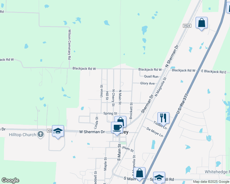map of restaurants, bars, coffee shops, grocery stores, and more near 512 North Cherry Street in Aubrey
