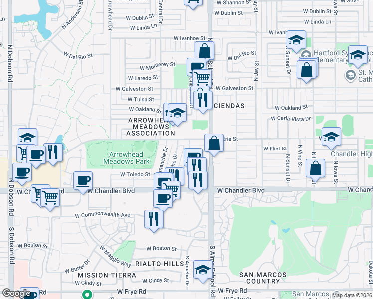 map of restaurants, bars, coffee shops, grocery stores, and more near 372 North Chippewa Place in Chandler