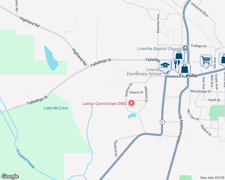 map of restaurants, bars, coffee shops, grocery stores, and more near 165 Pine Ridge Drive in Lineville