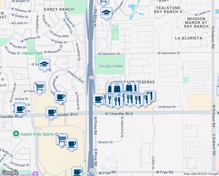 map of restaurants, bars, coffee shops, grocery stores, and more near 400 North Coronado Street in Chandler