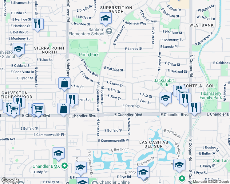 map of restaurants, bars, coffee shops, grocery stores, and more near 1381 East Erie Street in Chandler