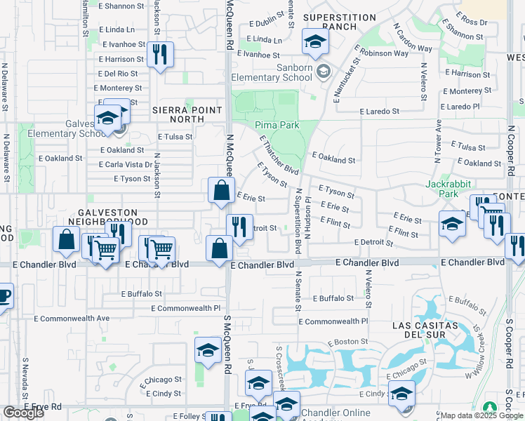 map of restaurants, bars, coffee shops, grocery stores, and more near 1150 East Flint Street in Chandler