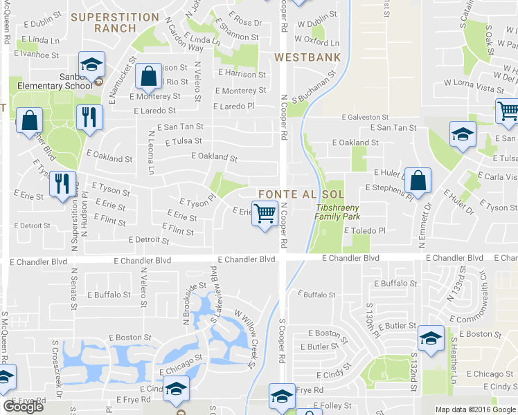 map of restaurants, bars, coffee shops, grocery stores, and more near 1922 East Erie Street in Chandler