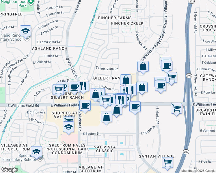 map of restaurants, bars, coffee shops, grocery stores, and more near 1788 East Toledo Street in Gilbert