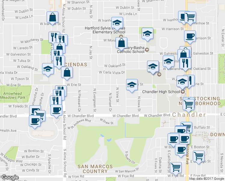 map of restaurants, bars, coffee shops, grocery stores, and more near 351 North Sunset Drive in Chandler