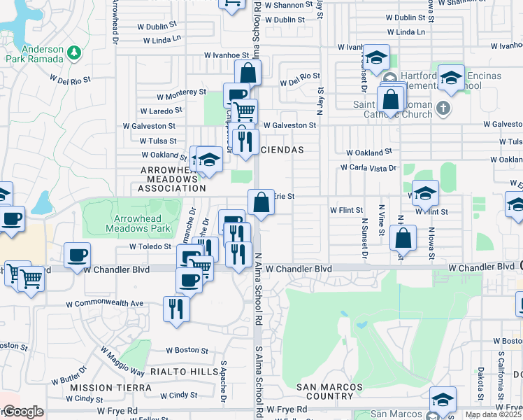 map of restaurants, bars, coffee shops, grocery stores, and more near 1000 West Flint Street in Chandler