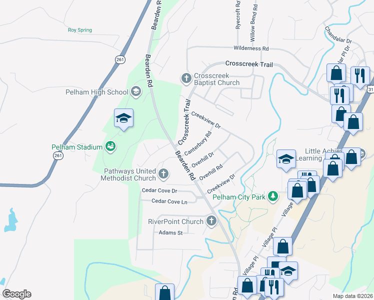 map of restaurants, bars, coffee shops, grocery stores, and more near 504 Canterbury Road in Pelham