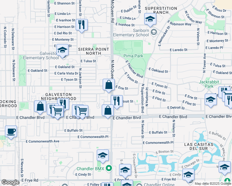 map of restaurants, bars, coffee shops, grocery stores, and more near 1080 East Flint Street in Chandler