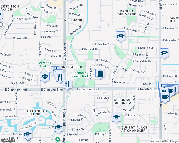 map of restaurants, bars, coffee shops, grocery stores, and more near 332 N Ashley Dr in Chandler