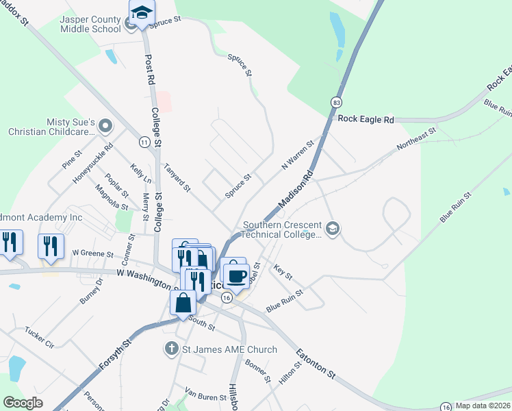 map of restaurants, bars, coffee shops, grocery stores, and more near 578 N Warren St in Monticello