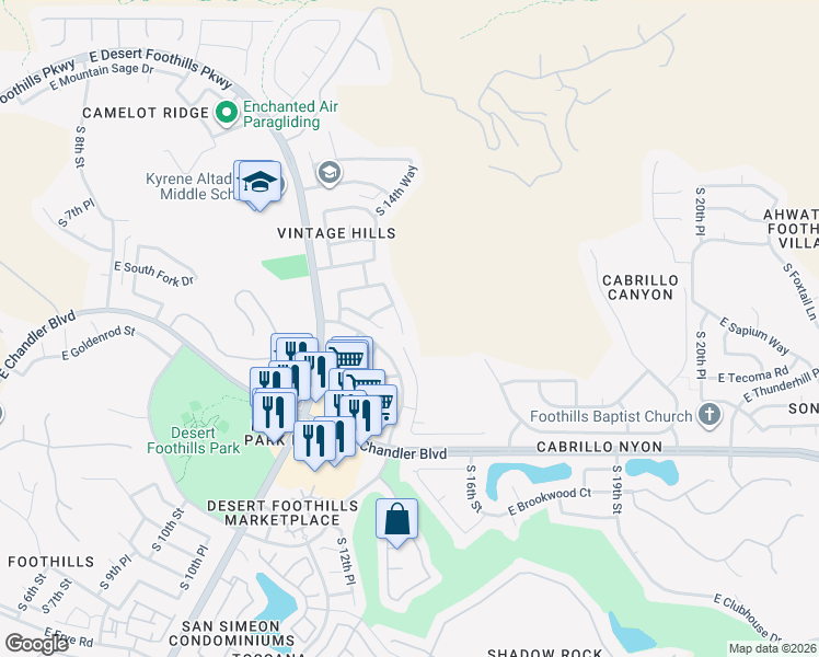 map of restaurants, bars, coffee shops, grocery stores, and more near 15051 South 14th Place in Phoenix