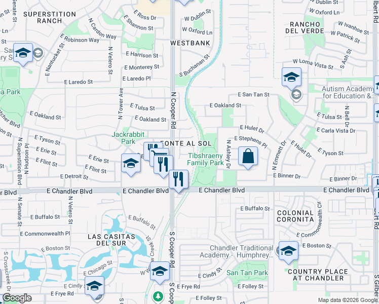 map of restaurants, bars, coffee shops, grocery stores, and more near 2080 East Detroit Street in Chandler