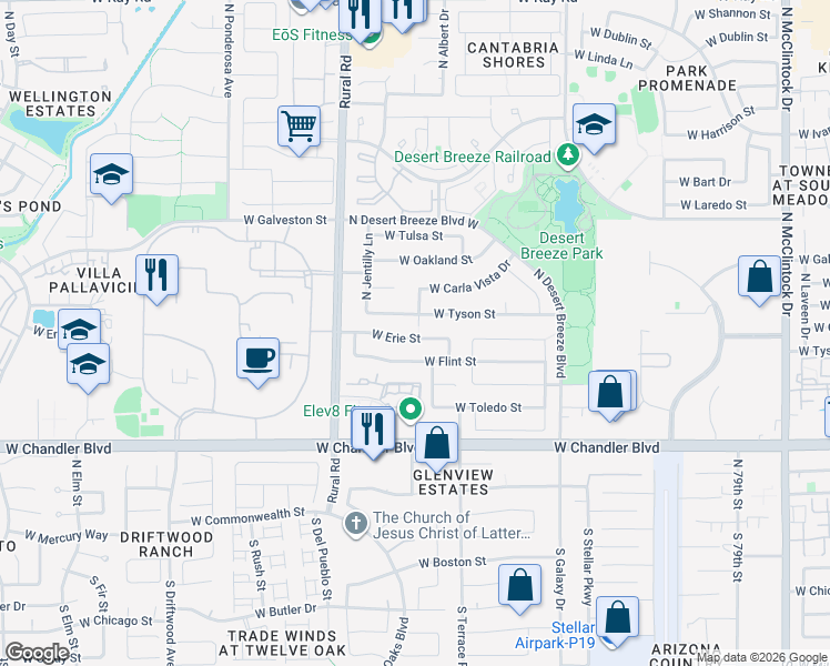 map of restaurants, bars, coffee shops, grocery stores, and more near 4830 West Erie Street in Chandler