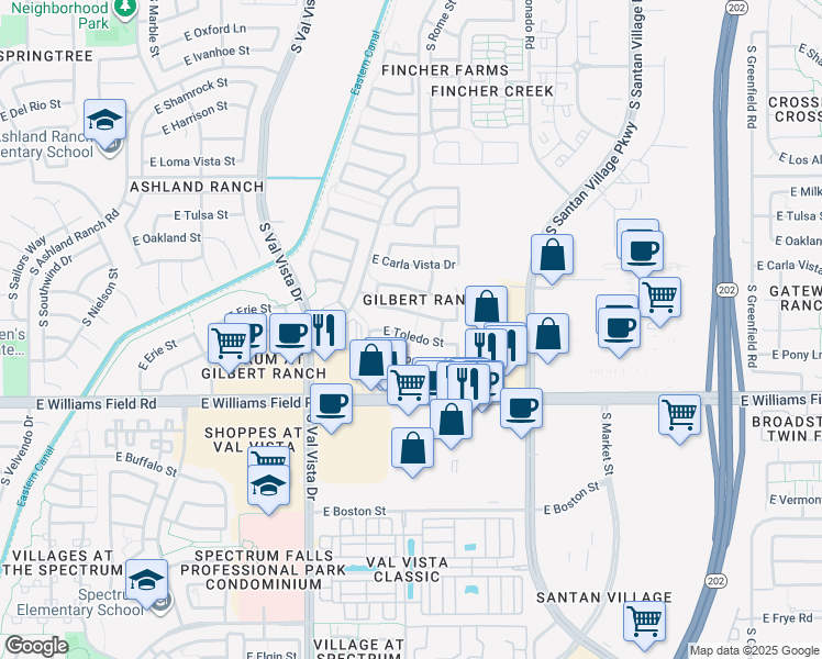 map of restaurants, bars, coffee shops, grocery stores, and more near 1772 East Toledo Street in Gilbert