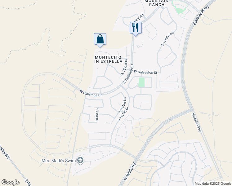 map of restaurants, bars, coffee shops, grocery stores, and more near 18256 West Thunderhill Place in Goodyear
