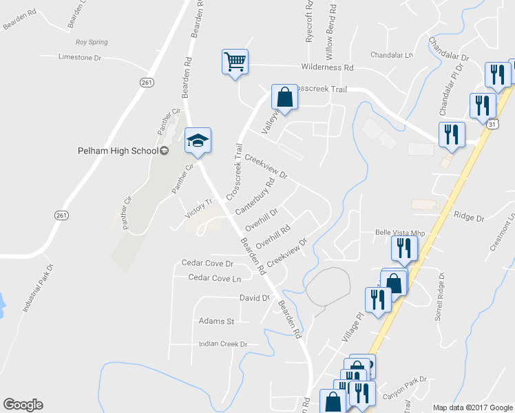 map of restaurants, bars, coffee shops, grocery stores, and more near 517 Canterbury Road in Pelham