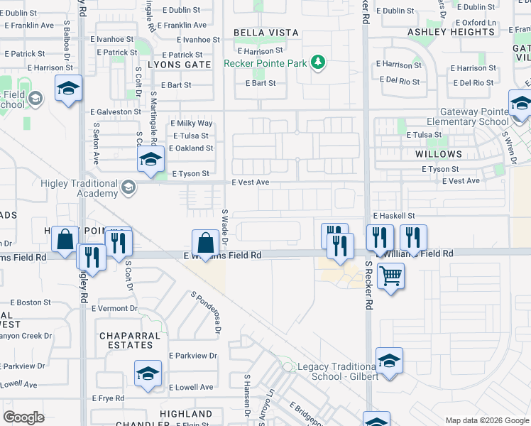 map of restaurants, bars, coffee shops, grocery stores, and more near 3743 East Haskell Street in Gilbert