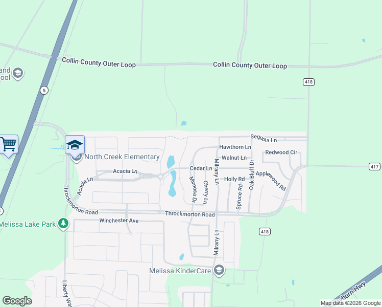 map of restaurants, bars, coffee shops, grocery stores, and more near 4411 Mimosa Drive in Melissa