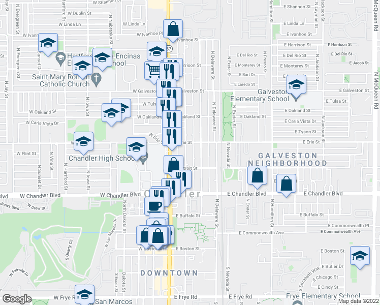 map of restaurants, bars, coffee shops, grocery stores, and more near 355 N Washington St in Chandler