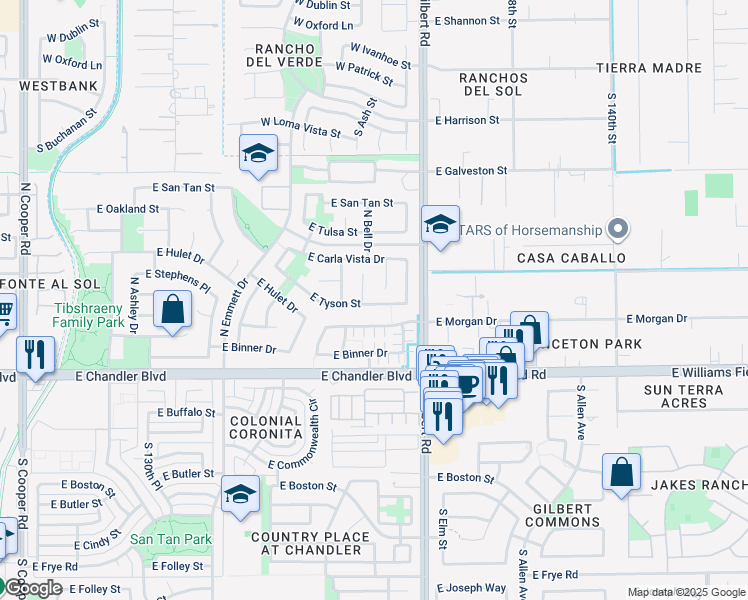 map of restaurants, bars, coffee shops, grocery stores, and more near 2872 East Tyson Street in Chandler