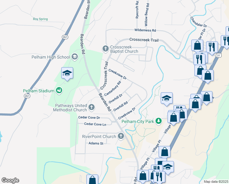 map of restaurants, bars, coffee shops, grocery stores, and more near 517 Canterbury Road in Pelham