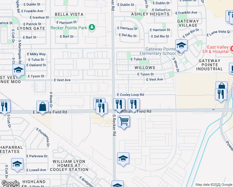 map of restaurants, bars, coffee shops, grocery stores, and more near 4021 East Pony Lane in Gilbert
