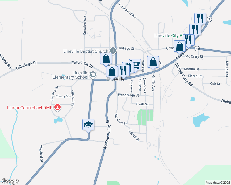 map of restaurants, bars, coffee shops, grocery stores, and more near 60026 Alabama 49 in Lineville
