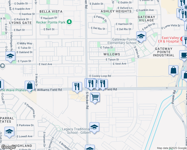 map of restaurants, bars, coffee shops, grocery stores, and more near 2282 South Swallow Lane in Gilbert