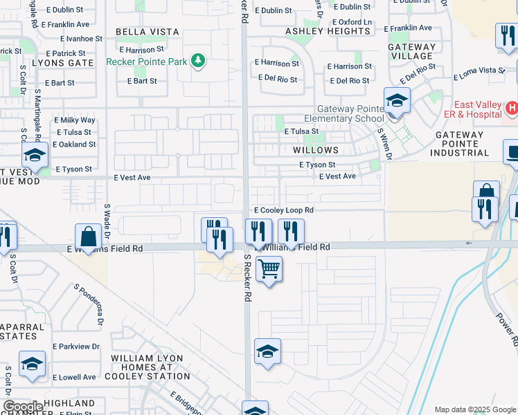 map of restaurants, bars, coffee shops, grocery stores, and more near 4021 East Pony Lane in Gilbert