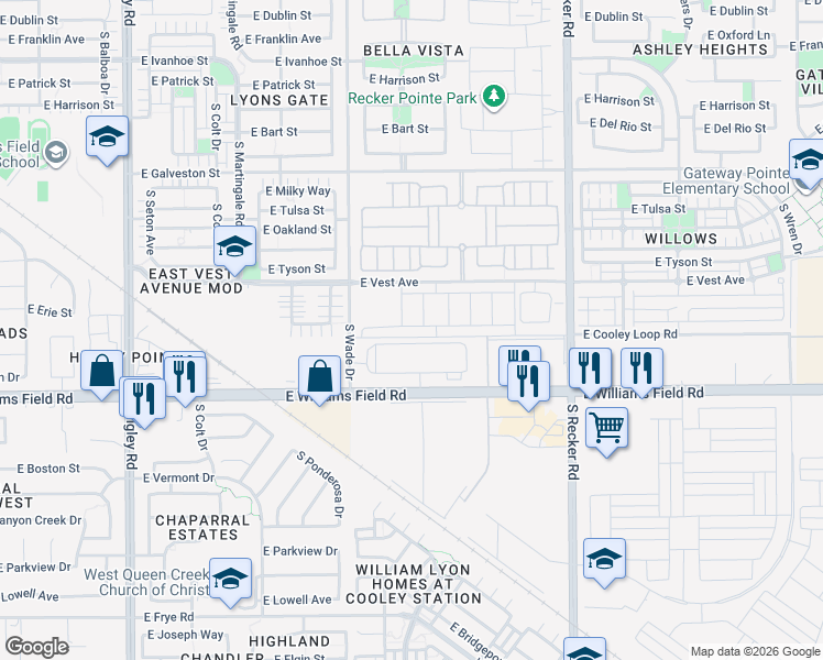 map of restaurants, bars, coffee shops, grocery stores, and more near 3743 East Haskell Street in Gilbert