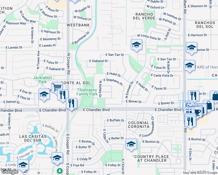 map of restaurants, bars, coffee shops, grocery stores, and more near 2303 East Flint Street in Chandler